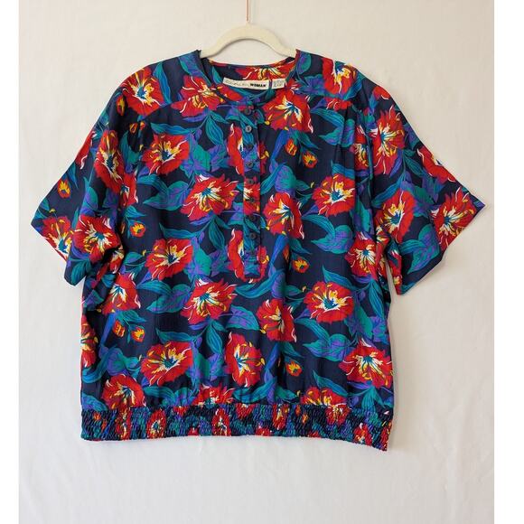 Chaus Woman VTG Hawaiian Floral Blouse 2X Short Sleeve Blue Red Elastic Waist - Picture 1 of 7